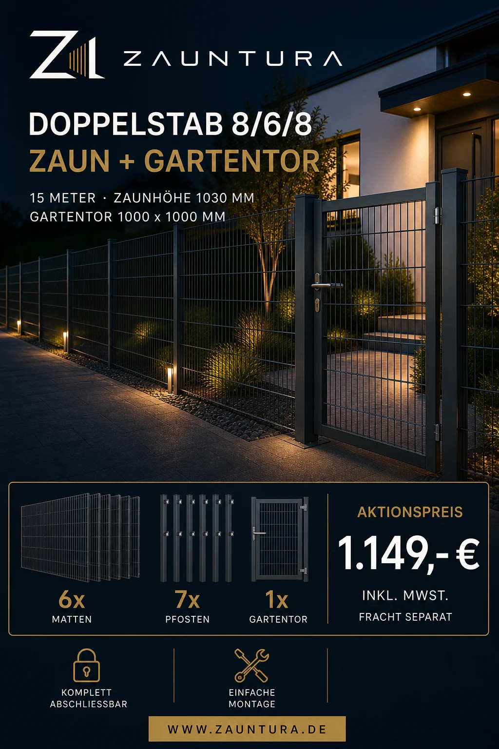 Doppelstab 8/6/8 + Gartentor · 15 m – Zauntura Aktionsangebot