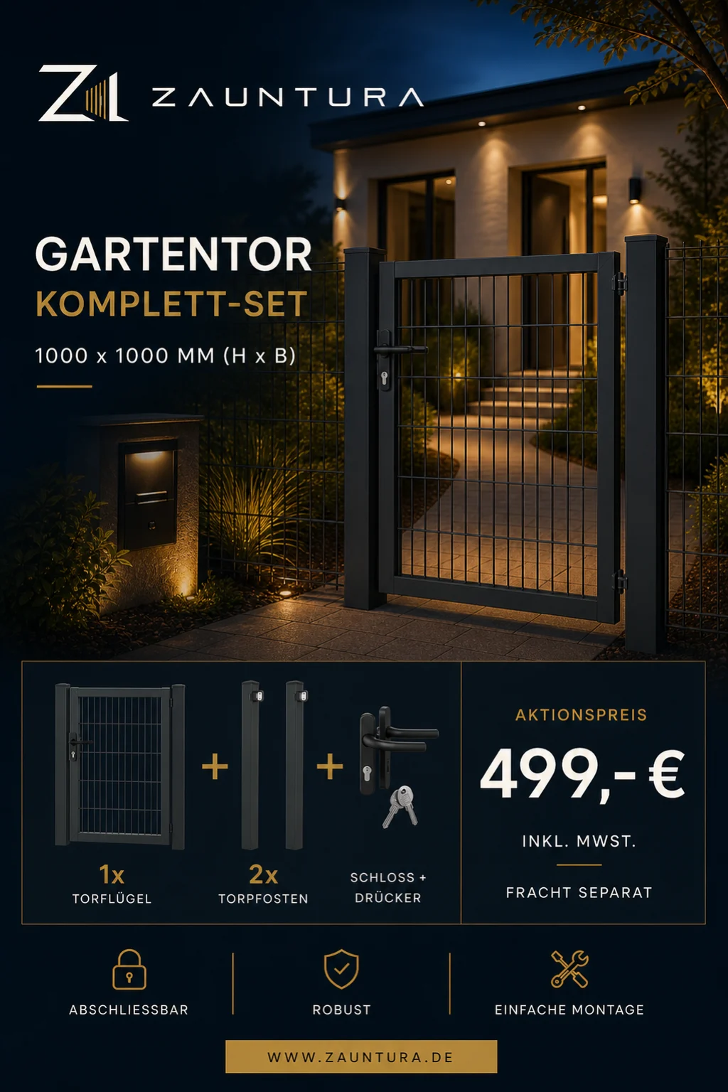 Gartentor Komplett-Set · 1.000 × 1.000 mm – Zauntura Aktionsangebot