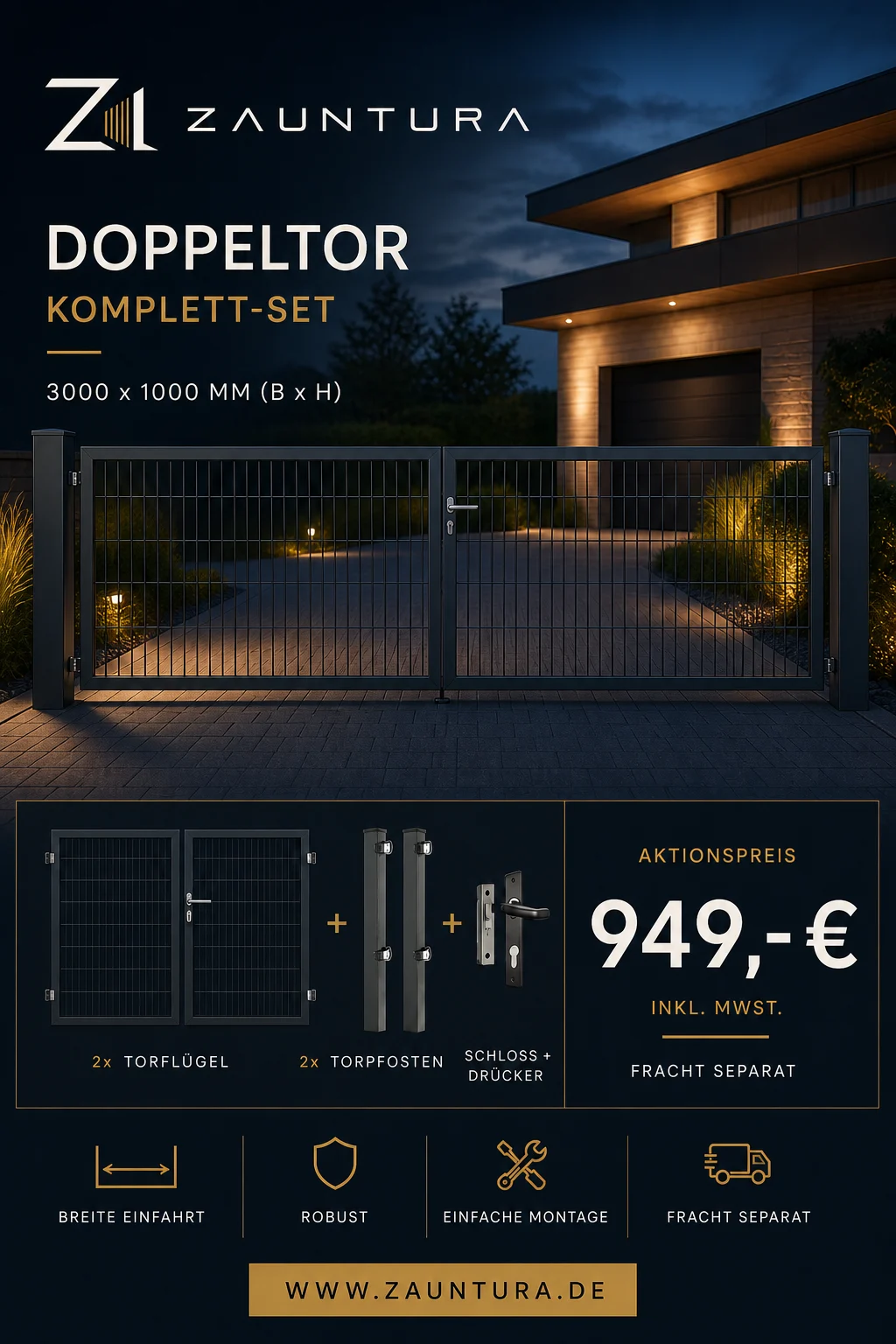 Doppeltor Komplett-Set · 3.000 × 1.000 mm – Zauntura Aktionsangebot